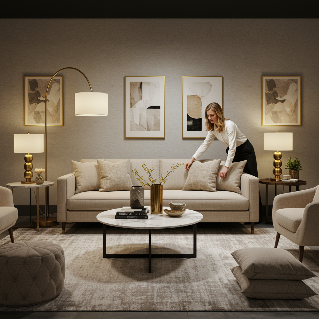 "Escena de home staging elegante con sofá moderno, mesa de mármol y decoraciones, presentada por una experta en diseño de interiores."