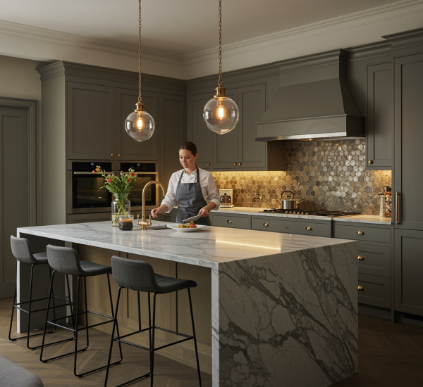 "Imagen de una cocina de lujo con isla de mármol, electrodomésticos inteligentes y una chef blanca emplatando platos gourmet, destacando el diseño moderno y materiales premium."
