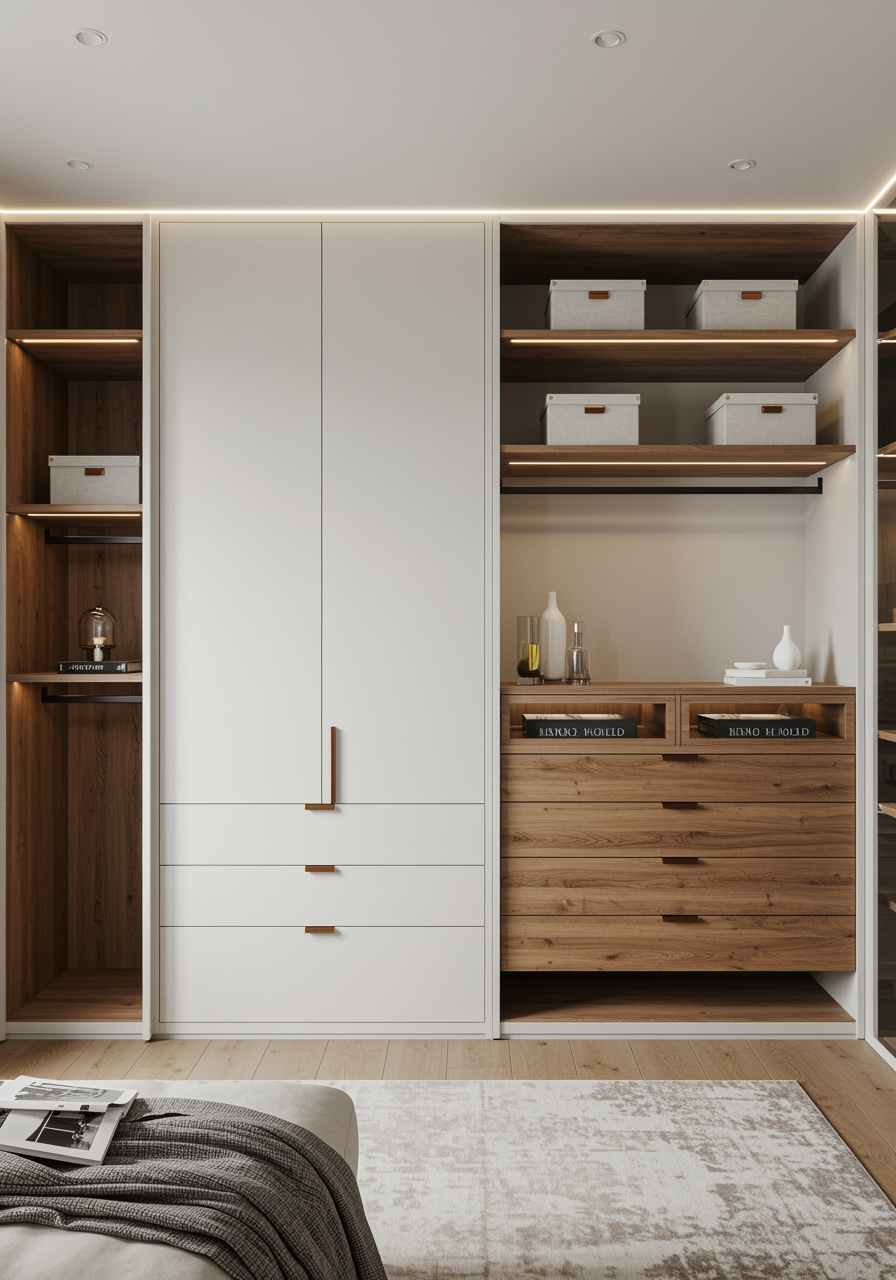 "Armario a medida de Look By Home con unidades de laca blanca mate y estantes de madera de nogal, que destaca por su diseño ergonómico, iluminación LED oculta y soluciones de almacenamiento versátiles."