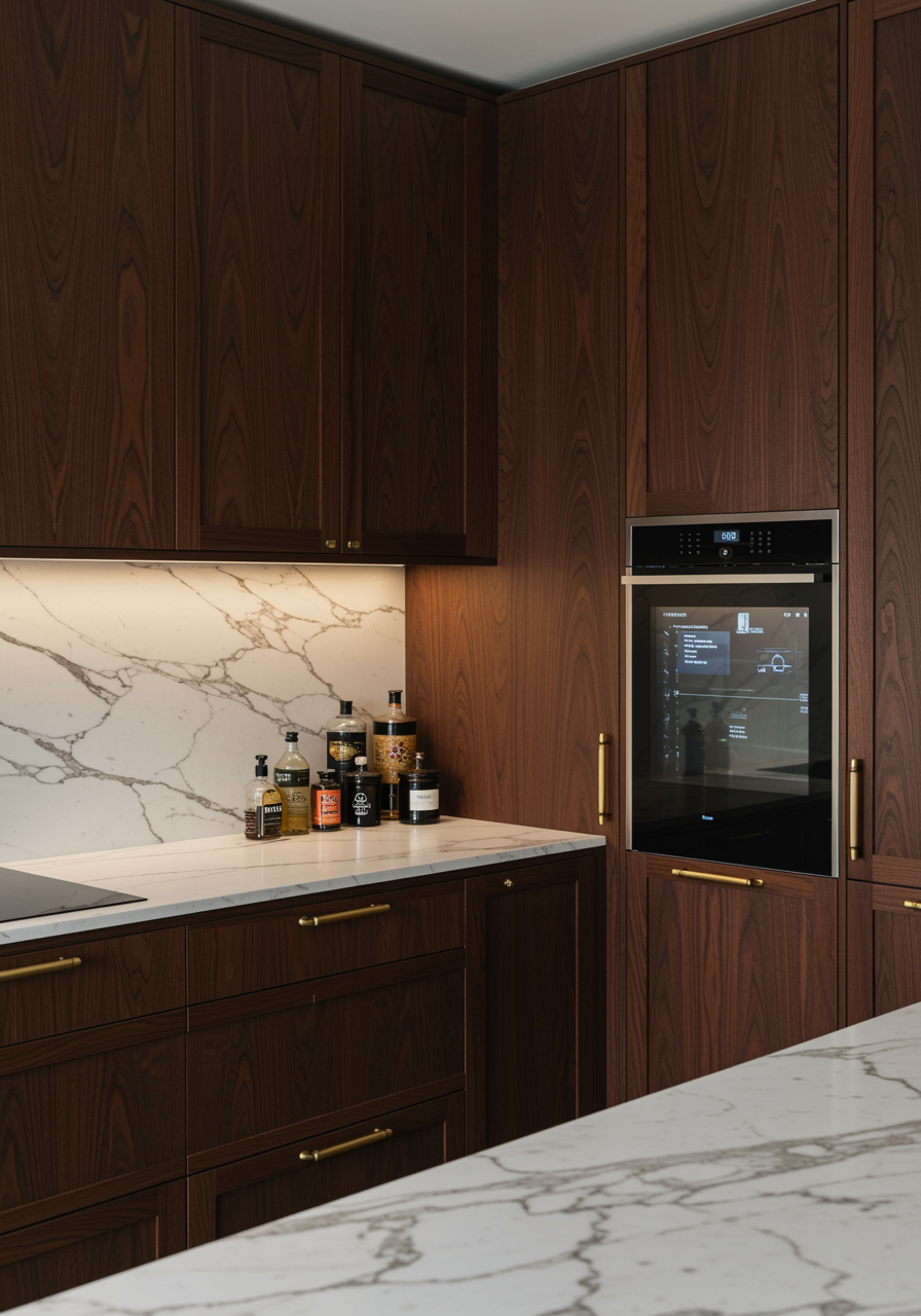 "Imagen en 8K de una cocina personalizada de lujo por LOOK BY HOME, con mobiliario de madera de nogal oscuro, encimera de mármol Carrara y tecnología avanzada integrada."