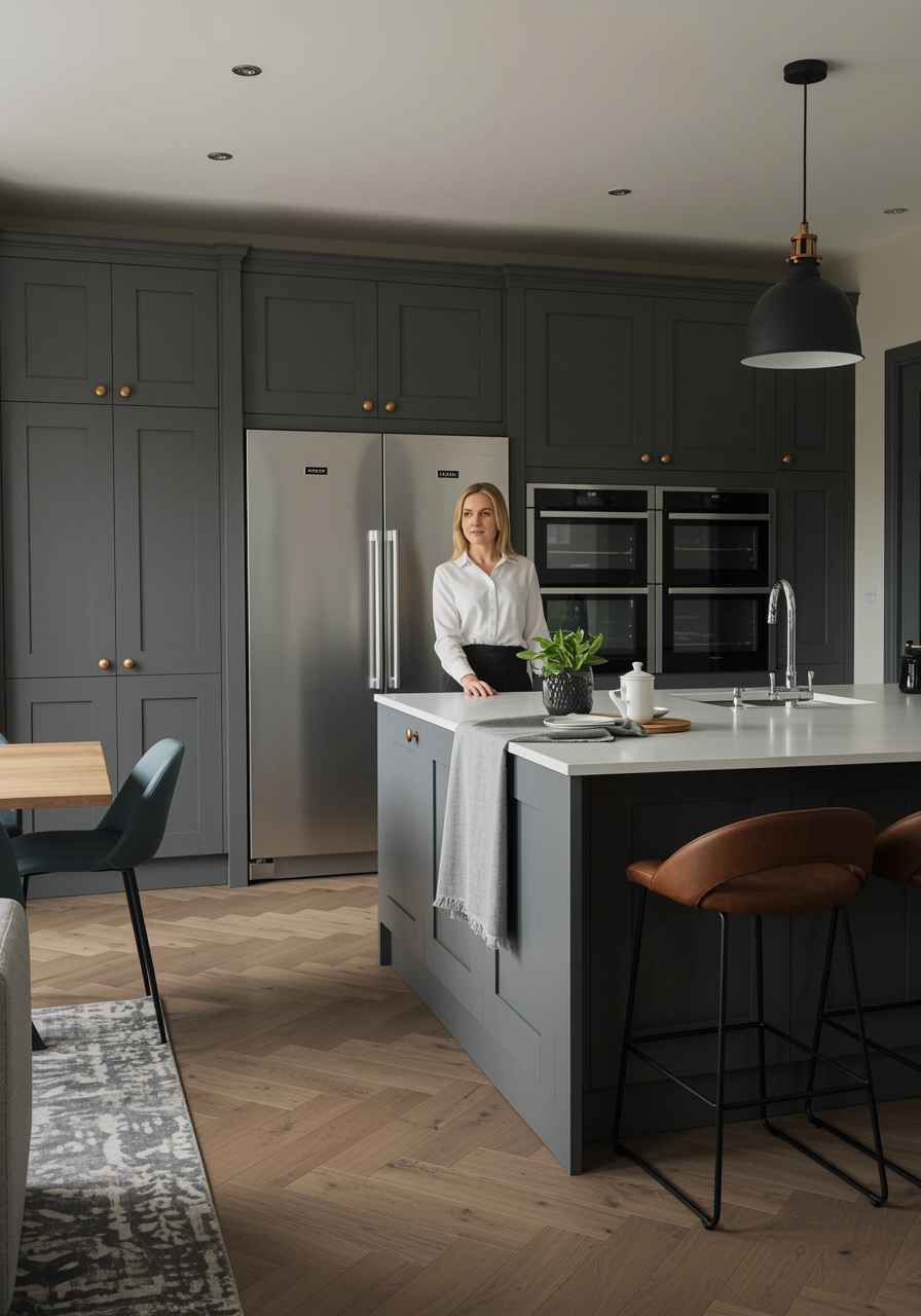 "Diseño de cocina y sala de estar de lujo con muebles a medida, electrodomésticos de acero inoxidable y encimeras de cuarzo, mientras una diseñadora de interiores muestra muestras de tela junto a una isla moderna."