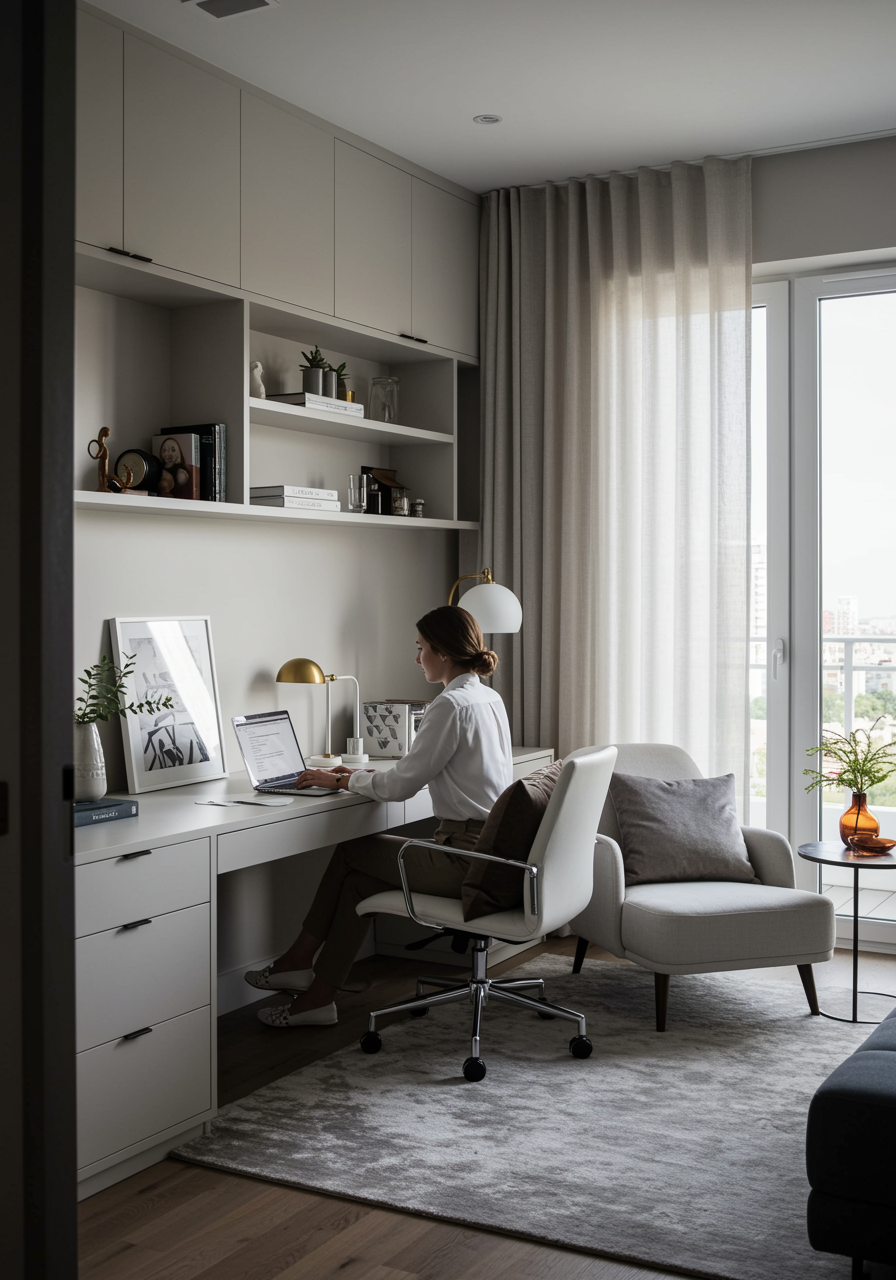 "Oficina en casa elegante y funcional con área de descanso, escritorio blanco y luz natural, ideal para profesionales jóvenes."