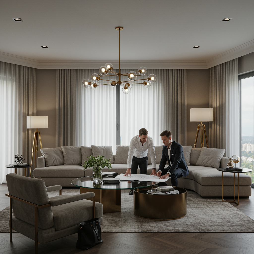 "Interior de sala de estar moderna y lujosa con muebles personalizados, detalles en mármol y brass, y pareja revisando planos arquitectónicos."