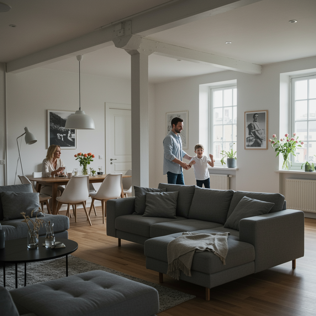 "Loft moderno y luminoso con sala y comedor integrados, decoración minimalista y familia disfrutando de un ambiente acogedor."
