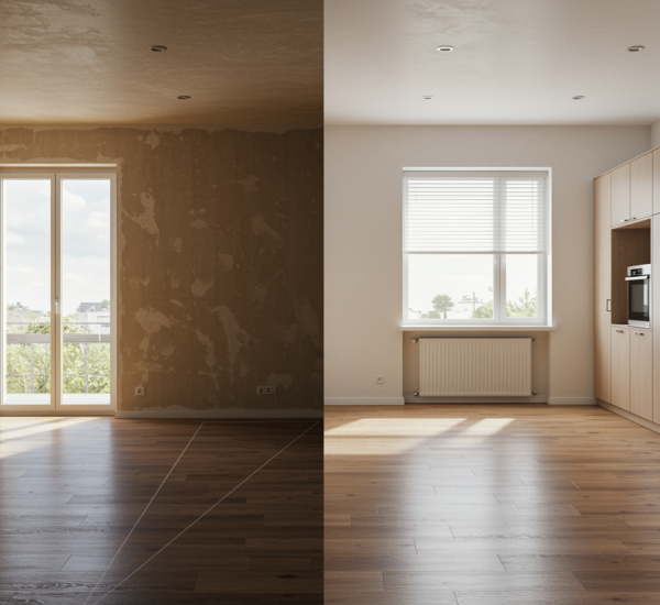 "Renderizado arquitectónico hiperrealista que muestra la renovación de un hogar contemporáneo con un antes y después, destacando un interior moderno y elegante."